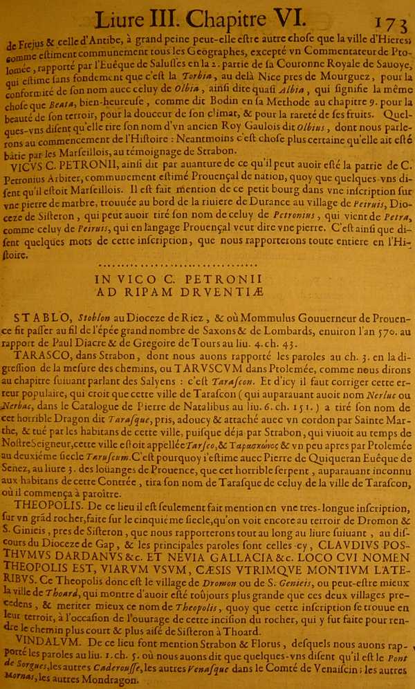 Livre III.Chapitre VI.De  quelques autres lieux trs anciens de Provence, qui ne sont pas exprims dans la Notice des Provinces, ni dans les Itinraires ni dans la Table.